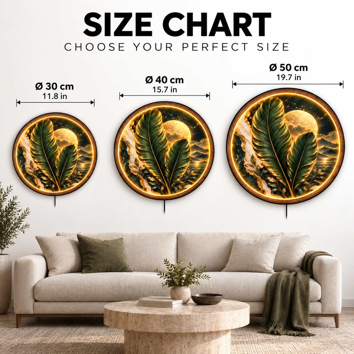 Golden Botanical Moon LED Wall Art – Luxury Leaf Wall Decor
