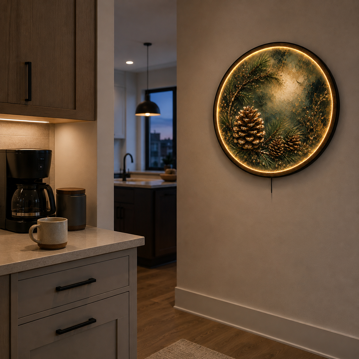 Golden Pinecone LED Wall Art – Evergreen Botanical Decor