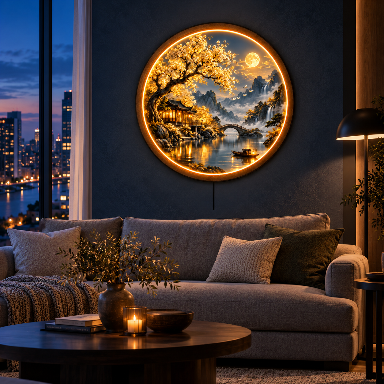 Golden Moon Garden LED Wall Art – Serene Asian Landscape Decor