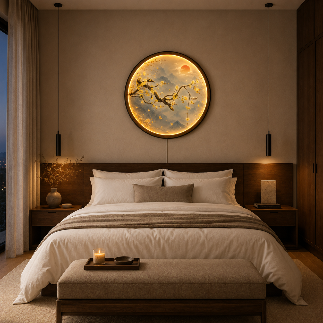 Golden Plum Blossom Mountain LED Wall Art – Round Illuminated Nature Decor