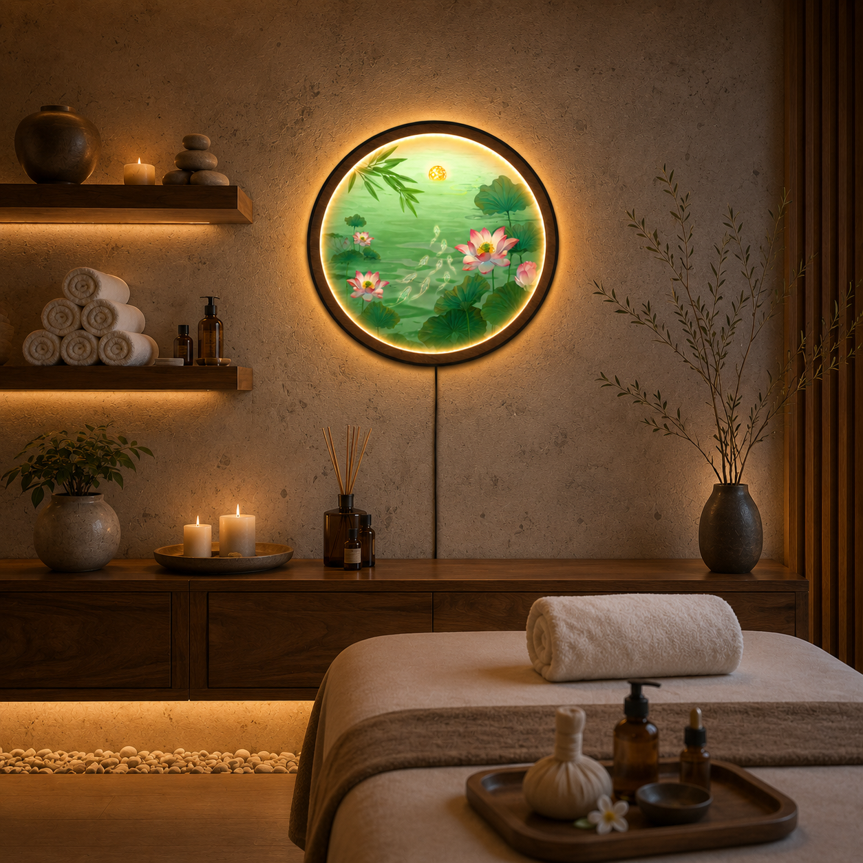 Pink Lotus Pond LED Wall Art - Koi Fish & Moon Round Wall Decor with Backlight