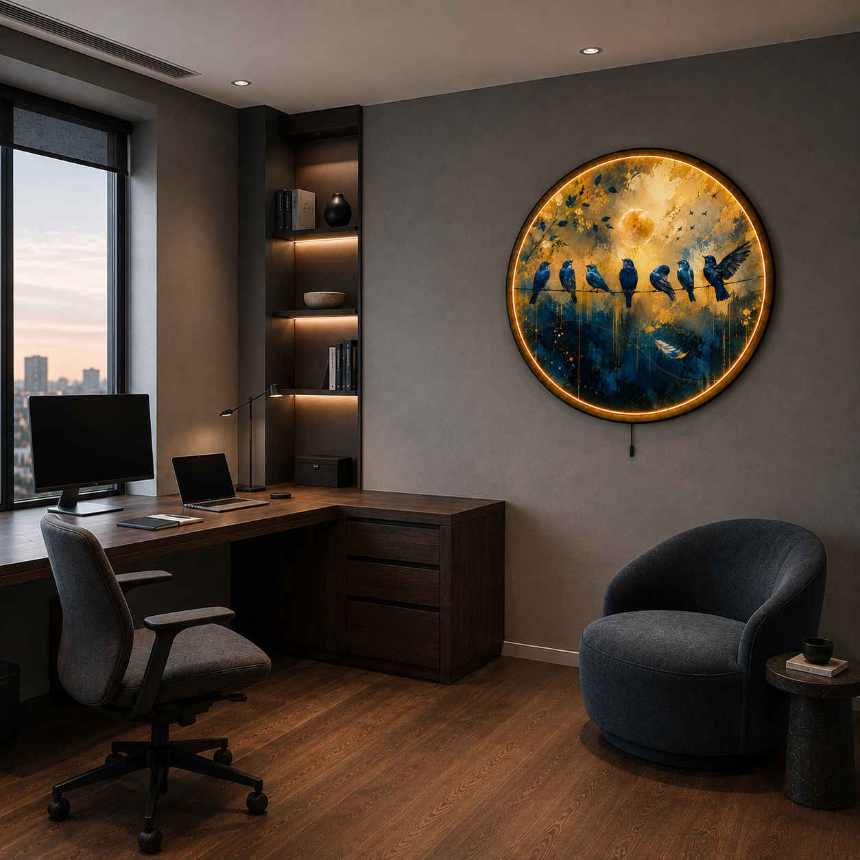 Golden Chorus LED Wall Art – Blue Birds & Golden Moon Decor