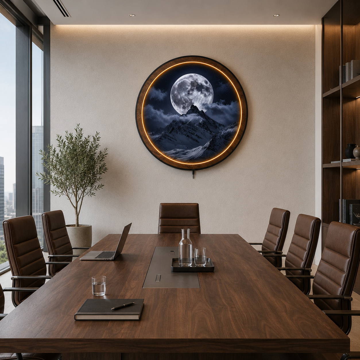Moon & Snow Mountain Night Sky Print -Circular LED Wall Decor Light - Remote Control