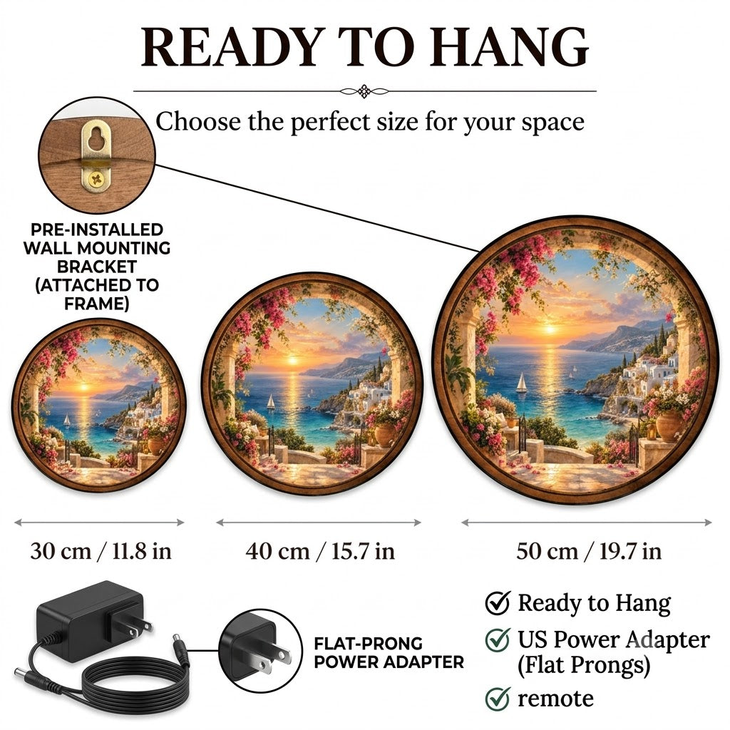 Handcrafted Mediterranean Sunset LED Wall Art – Coastal Village & Bougainvillea Ocean View Decor