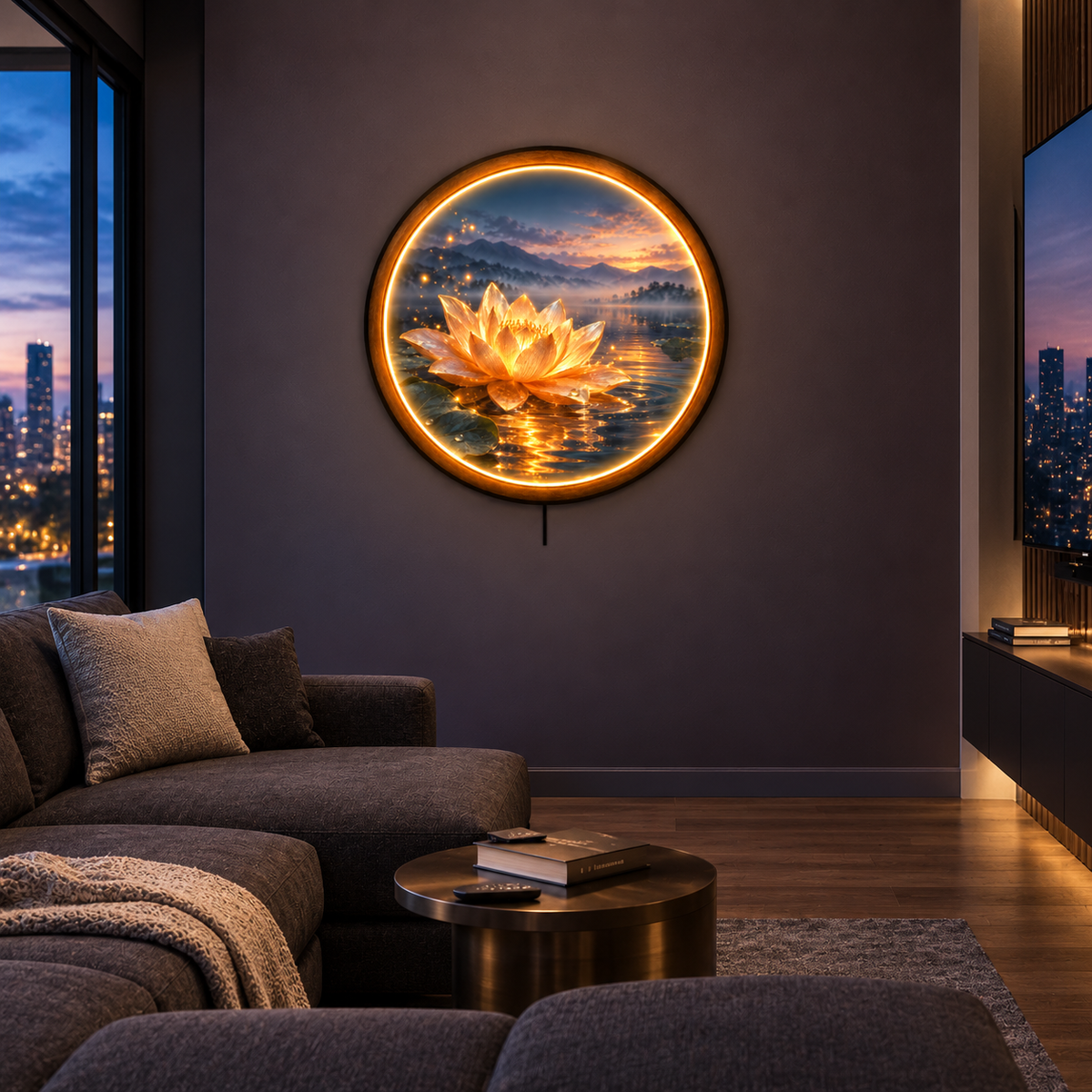 Golden Lotus LED Wall Art – Serene Lake & Meditation Decor