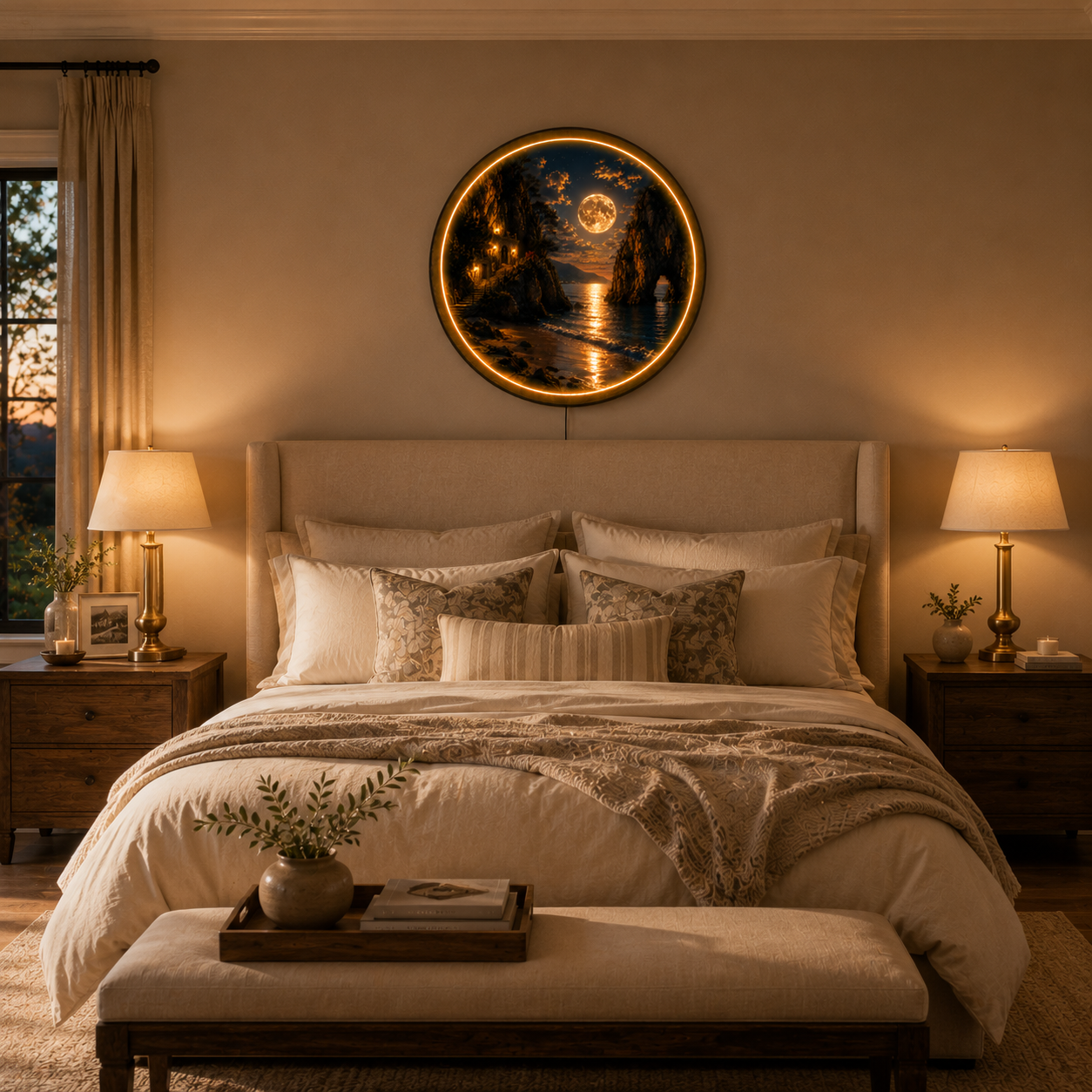 Moonlit Coastal Cliffs LED Wall Art – Round Illuminated Acrylic Landscape