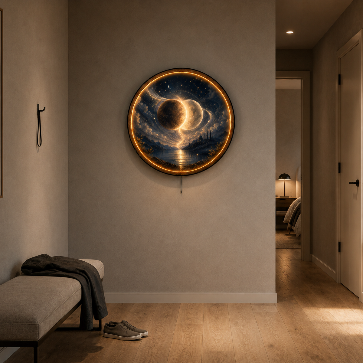Celestial Eclipse LED Wall Art – Glowing Moon & Stars Decor