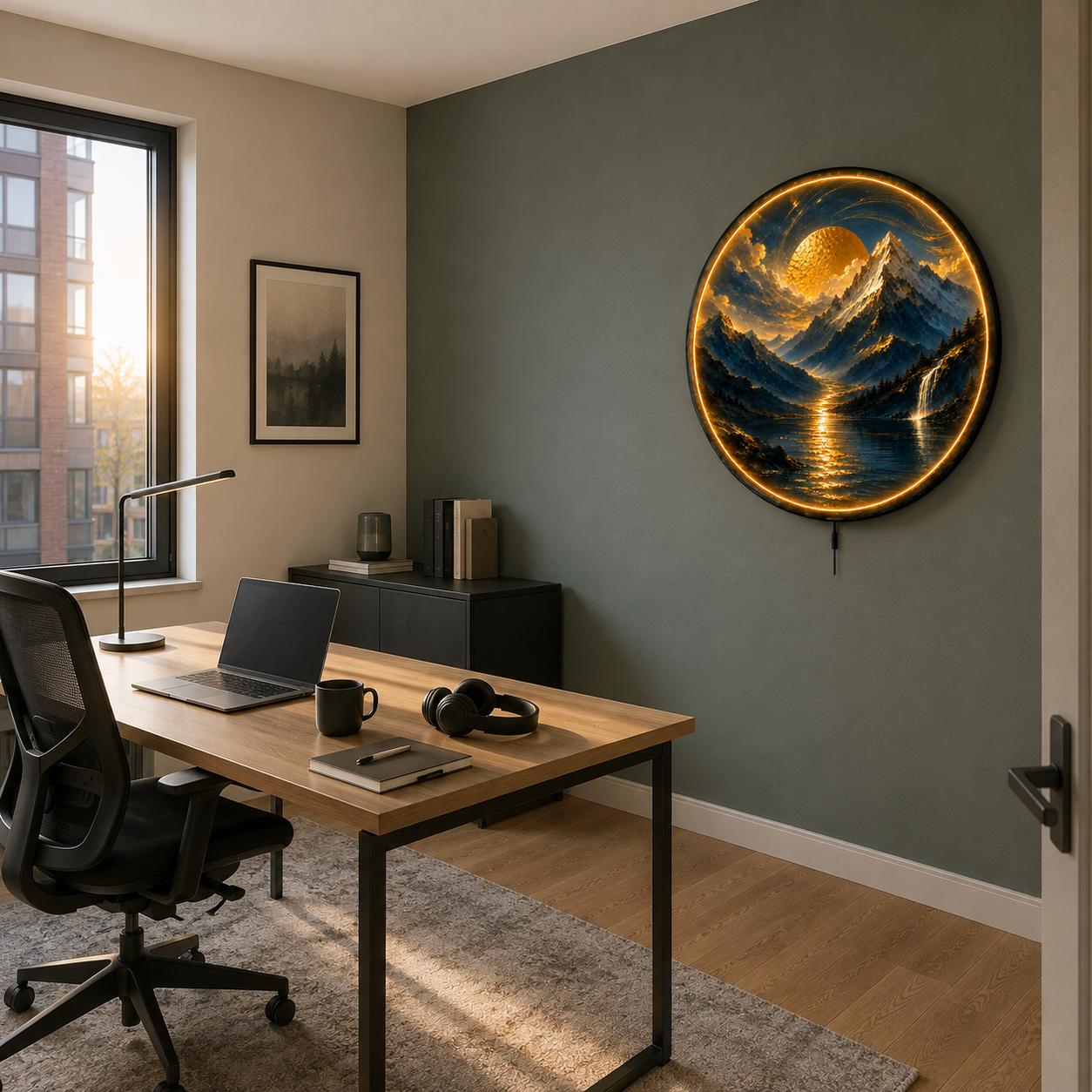 Solarcrest Mountain LED Wall Art – Golden Alpine Landscape