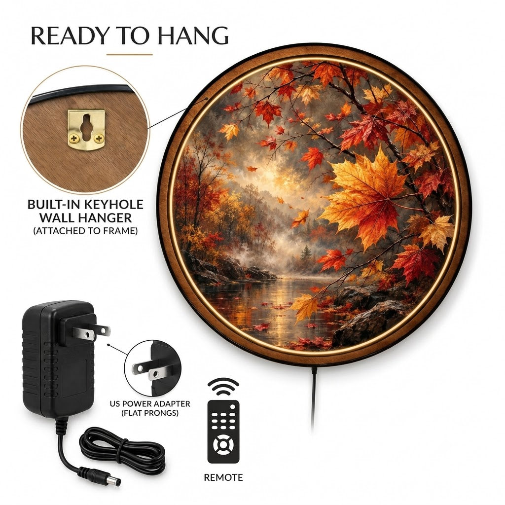 Handcrafted Autumn Maple Leaves LED Wall Art – Fall Forest River Landscape, Rustic Nature