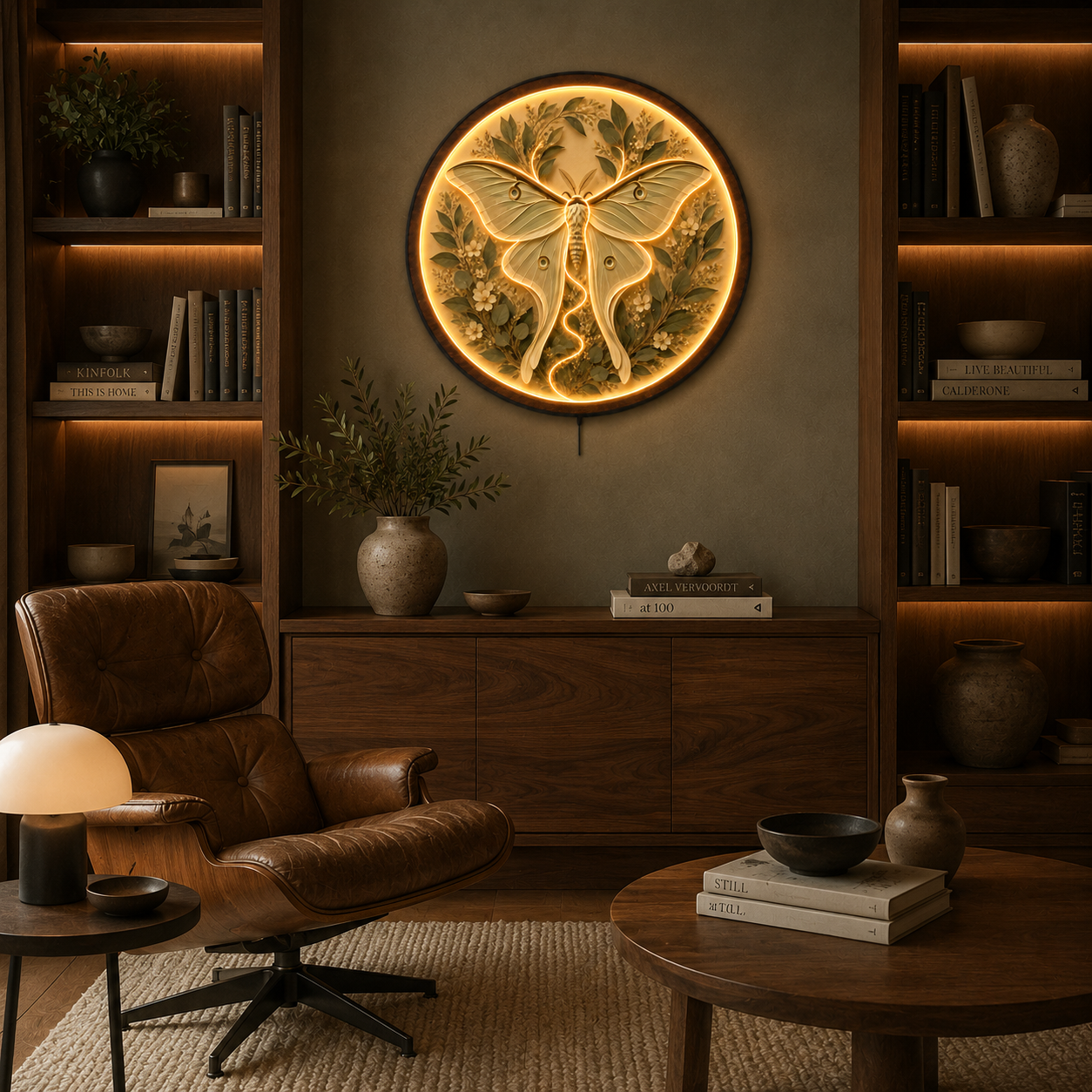 Moonlit Luna Moth LED Wall Art – Round Wooden Botanical Light Decor