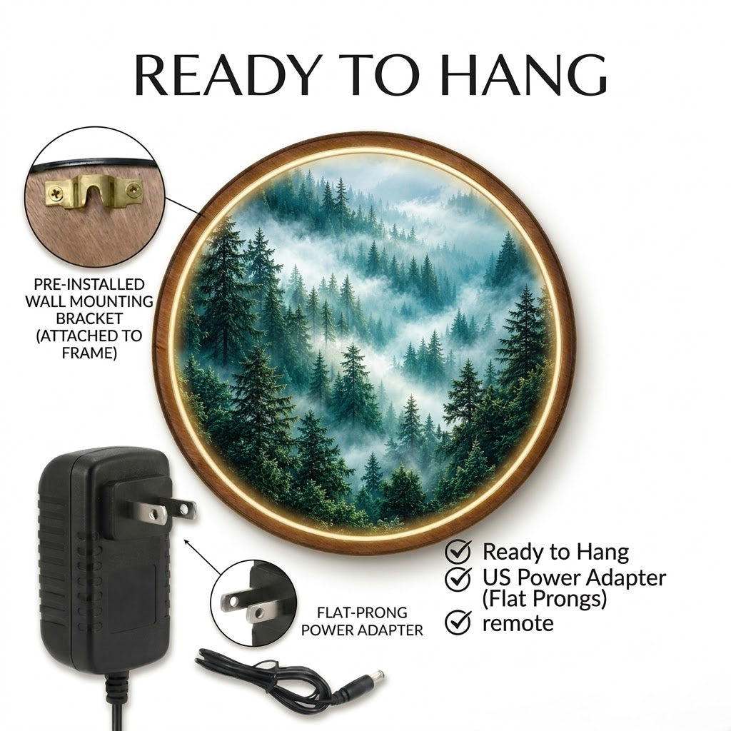 Handcrafted Misty Evergreen Forest LED Wall Art – Foggy Pine Woodland Nature