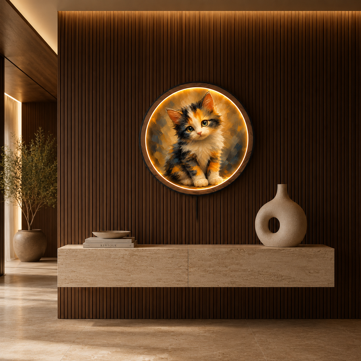 Cute Calico Kitten LED Wall Art Light – Round Acrylic Decor with Wooden Frame