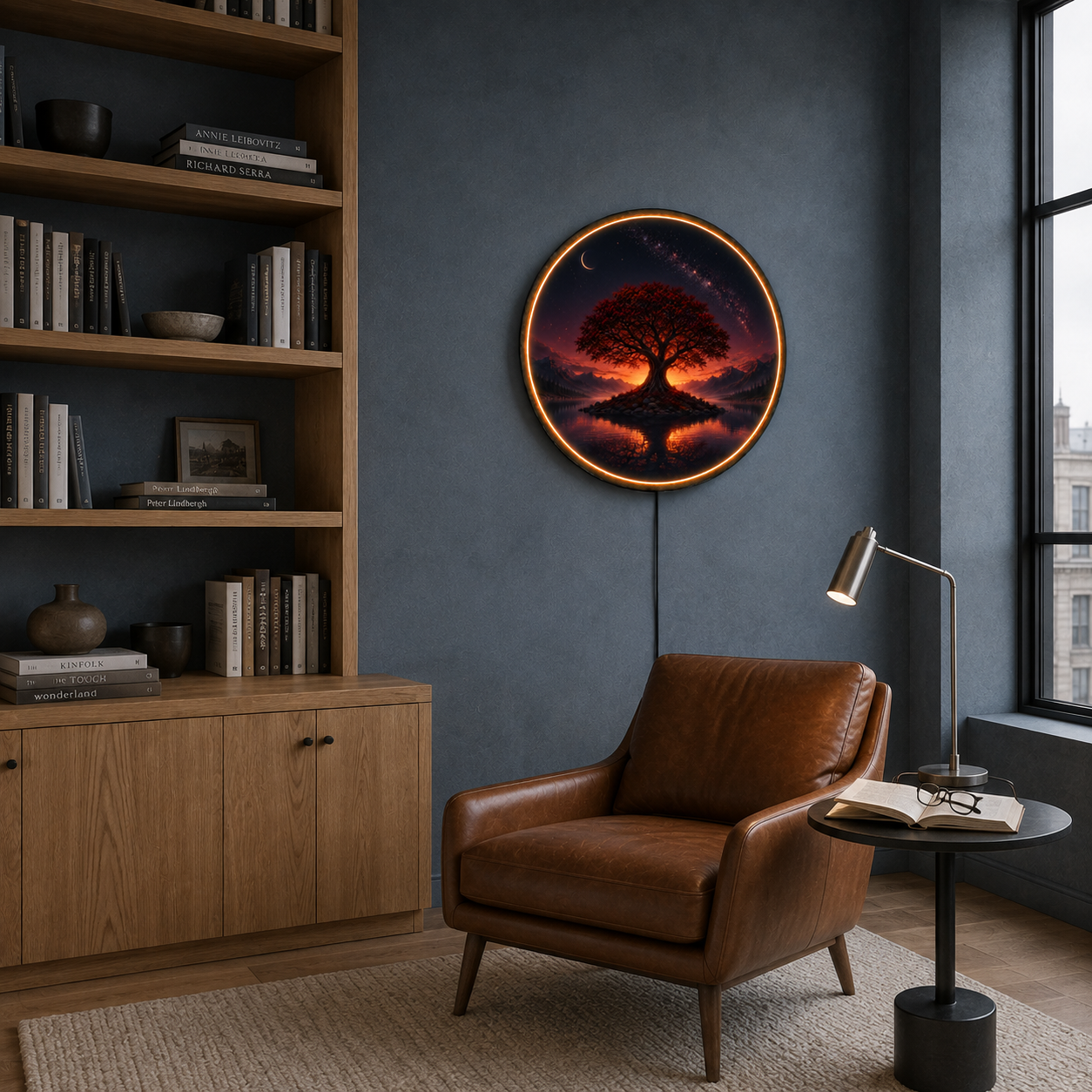 Crimson Celestial Tree LED Wall Art – Mystical Nightscape