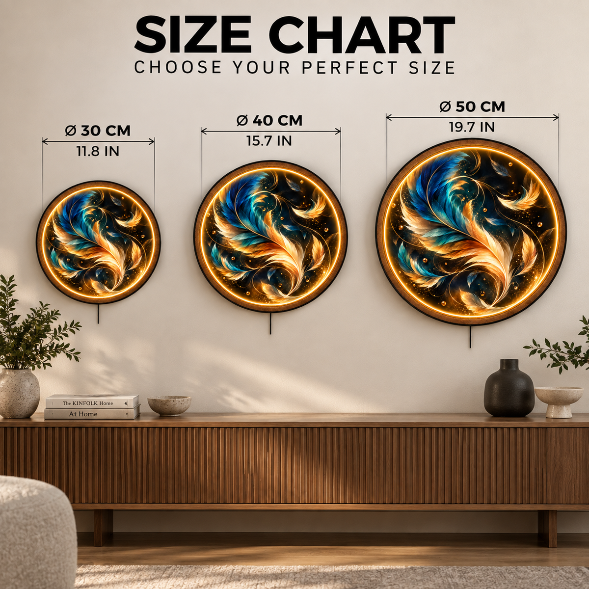 Ethereal Feathers LED Wall Art – Blue & Gold Luxury Decor