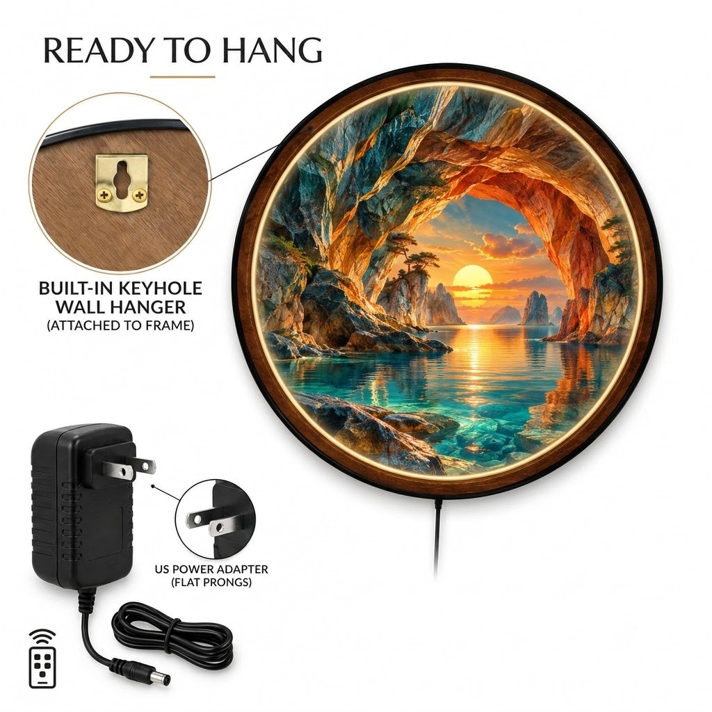 Ocean Cave Sunset Landscape, Coastal Nature – Handcrafted LED Wall Art