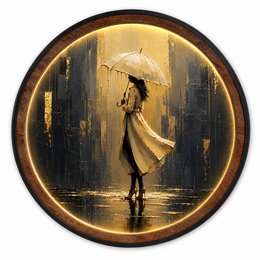 Golden Rain Elegance LED Wall Art | Round Illuminated Woman with Umbrella Wall Decor | Warm Ambient Light