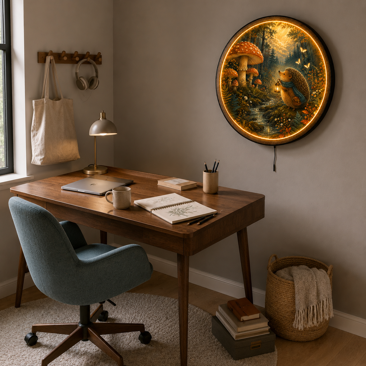 Woodland Wanderer Hedgehog LED Wall Art – Forest Nursery Decor