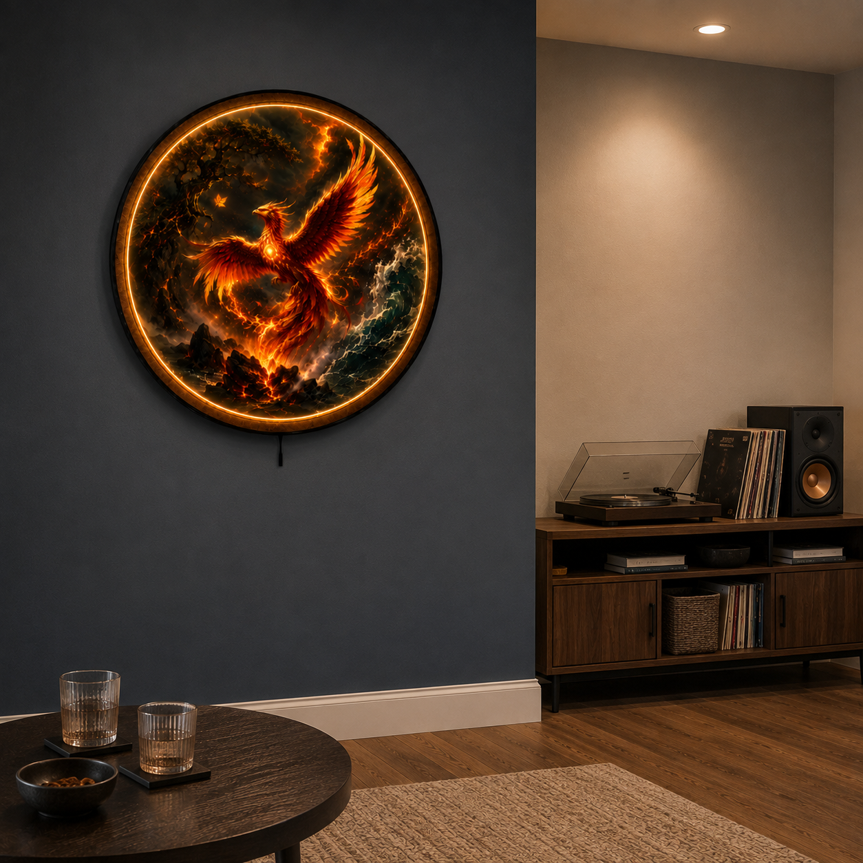 Phoenix Rising LED Wall Art – Fire & Ocean Fantasy Decor