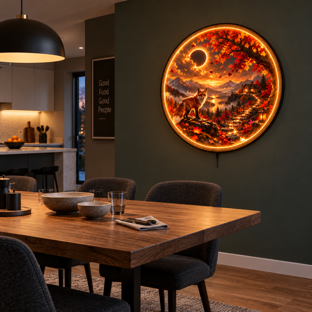 Autumn Eclipse Fox LED Wall Art – Mountain Fall Landscape