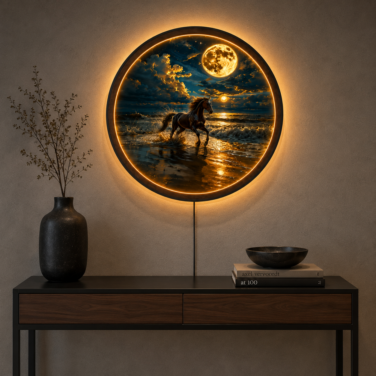 Wood Carved Horse Moonlit Beach LED Wall Lamp | Galloping Horse Night Light Wall Art