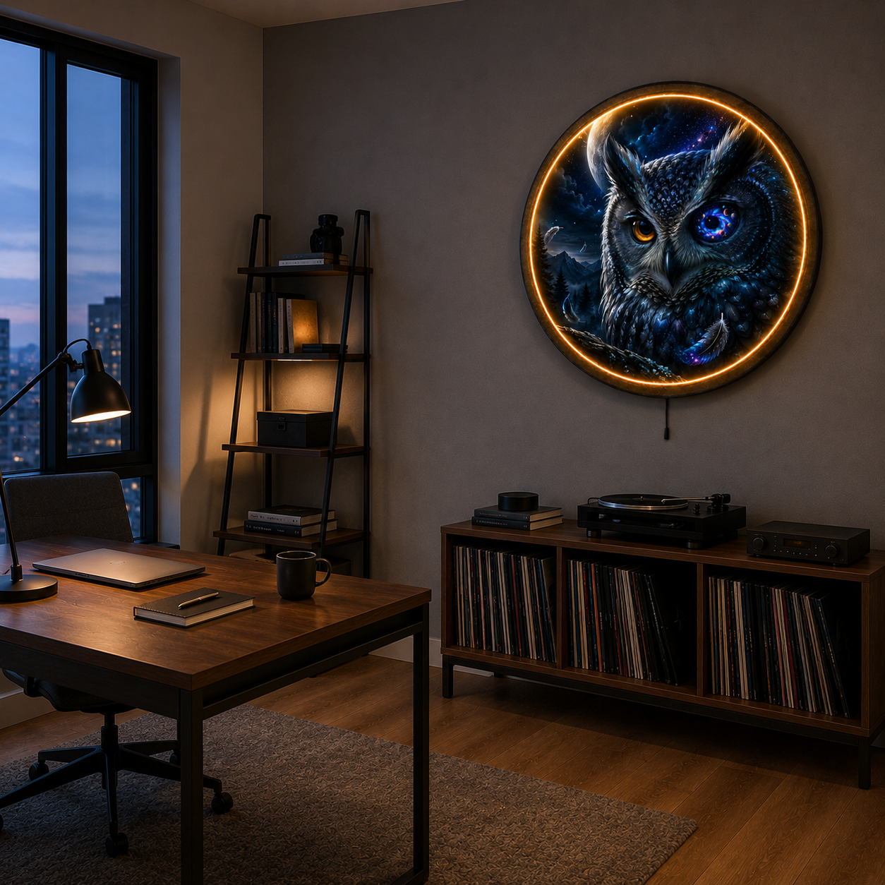 Cosmic Gaze LED Wall Art – Celestial Owl & Galaxy Wall Decor