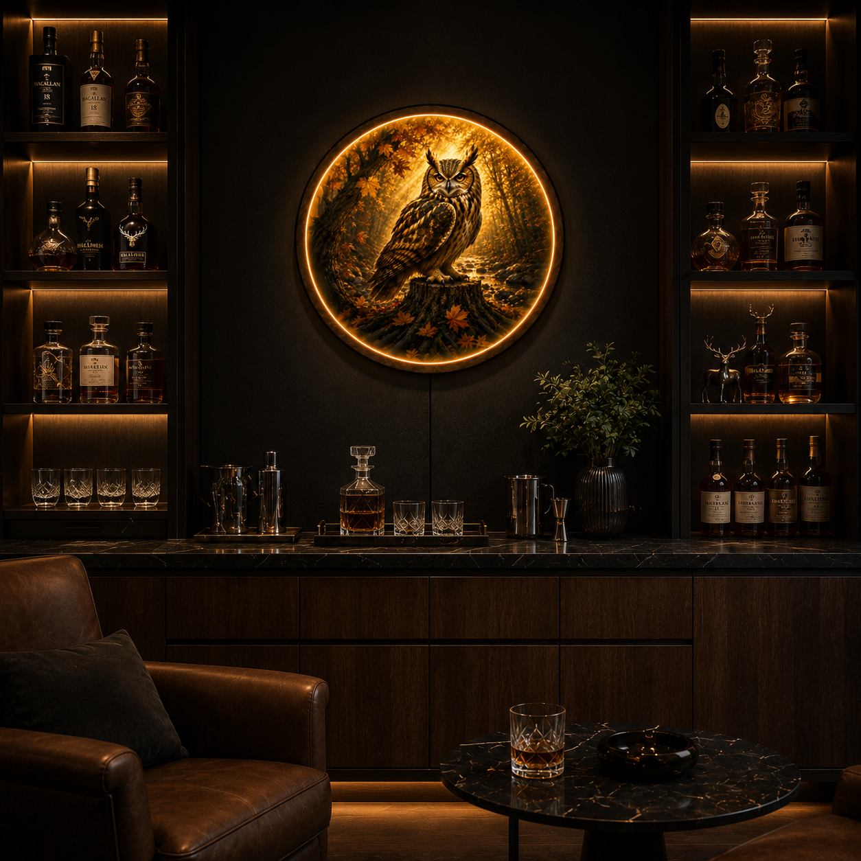 Owl LED Wall Art – Round Illuminated Acrylic Forest Wildlife Decor