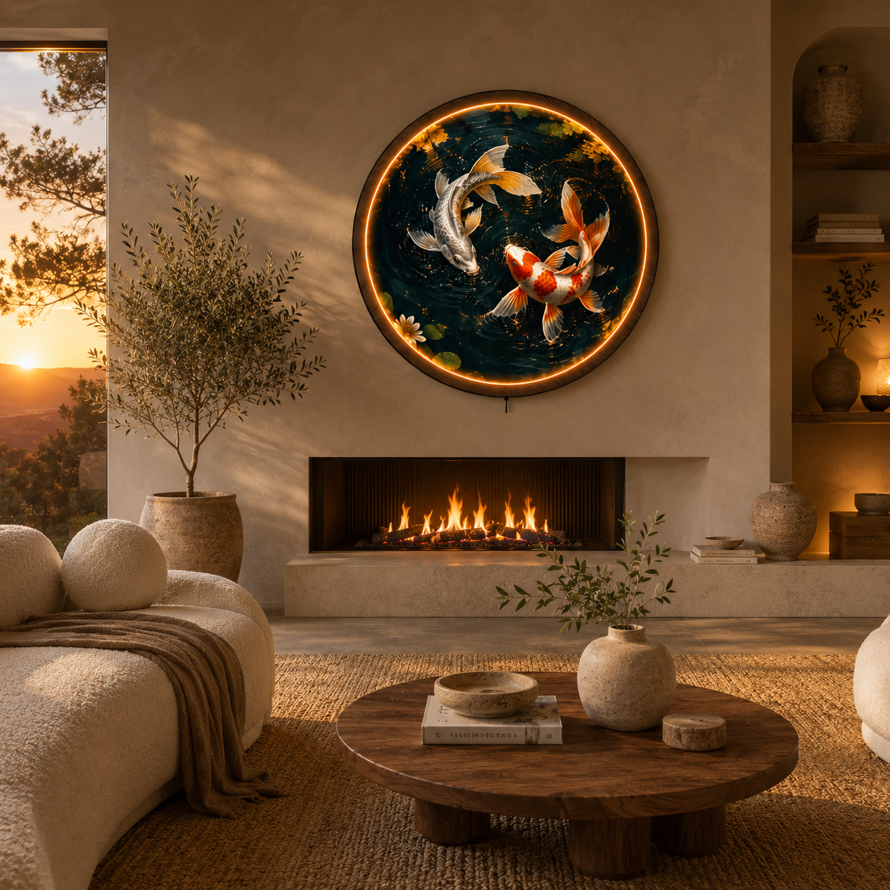 Yin Yang Koi Fish LED Wall Art | Round Illuminated Zen Wall Decor with Remote | Warm Ambient Light