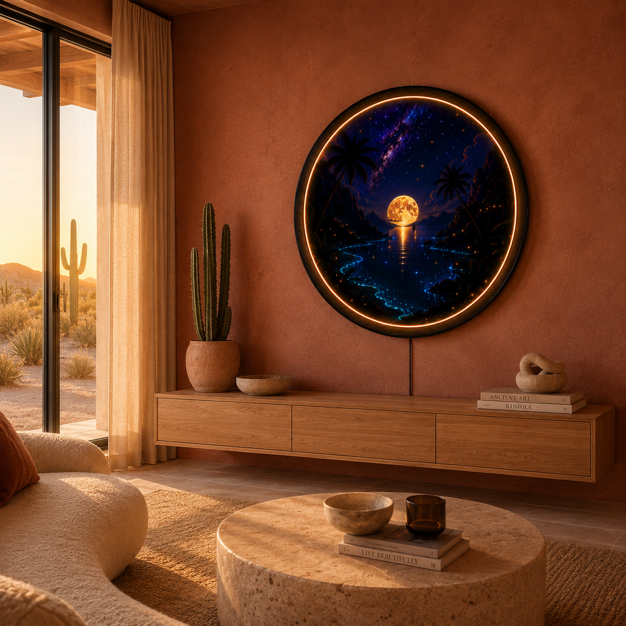 Moonlit Paradise Round LED Wall Art – Acrylic LED Wall Decor with Wooden Frame
