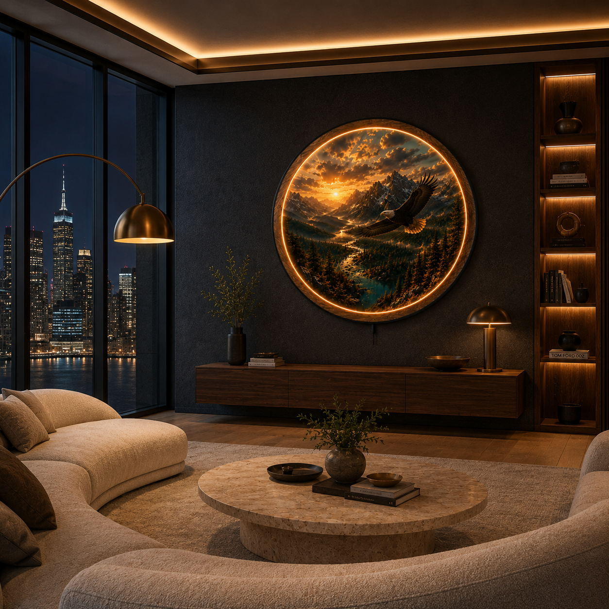 Majestic Eagle Mountain Sunset LED Wall Art – Premium Round Acrylic Decor