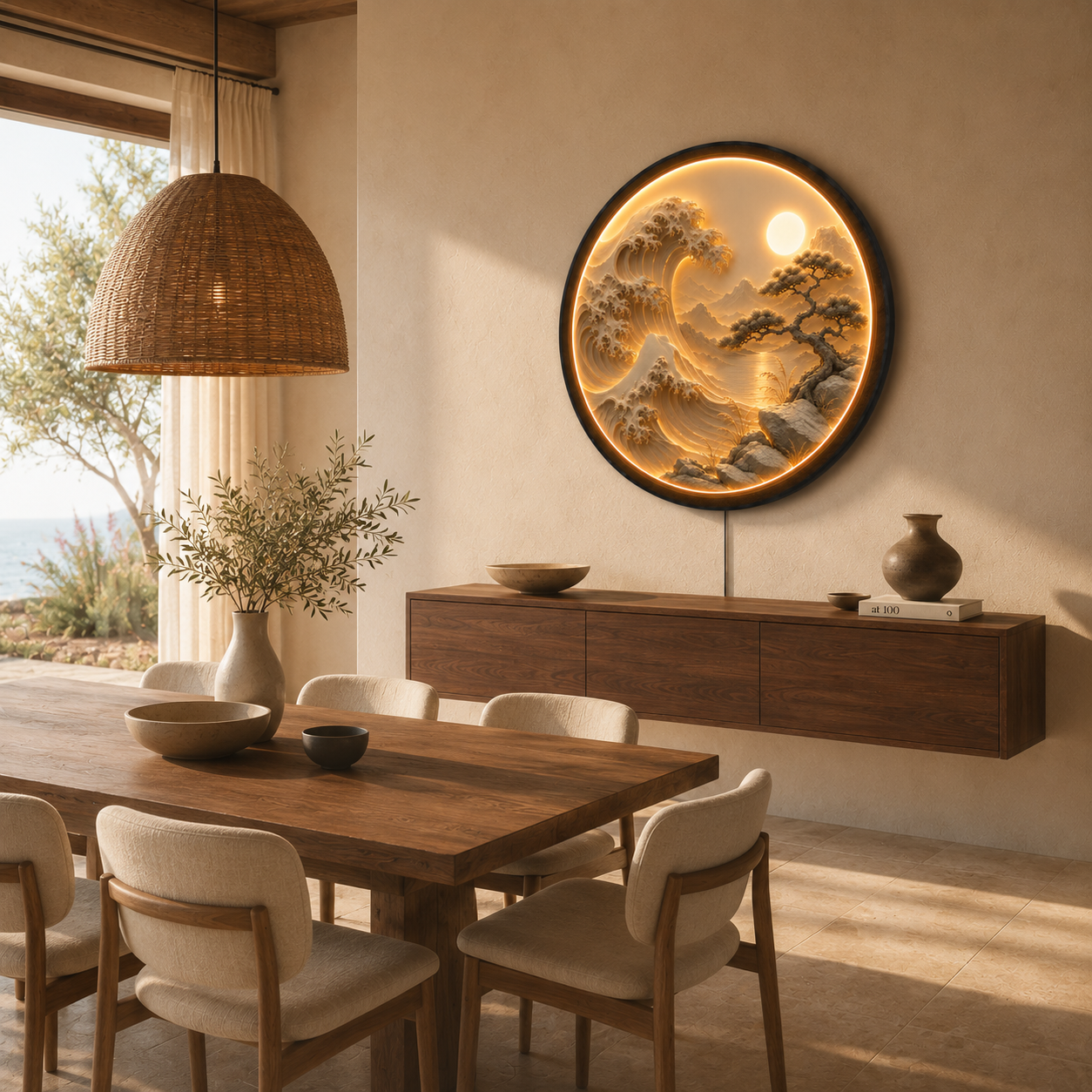 Japanese Wave & Bonsai LED Wall Art – Round Illuminated Acrylic Decor