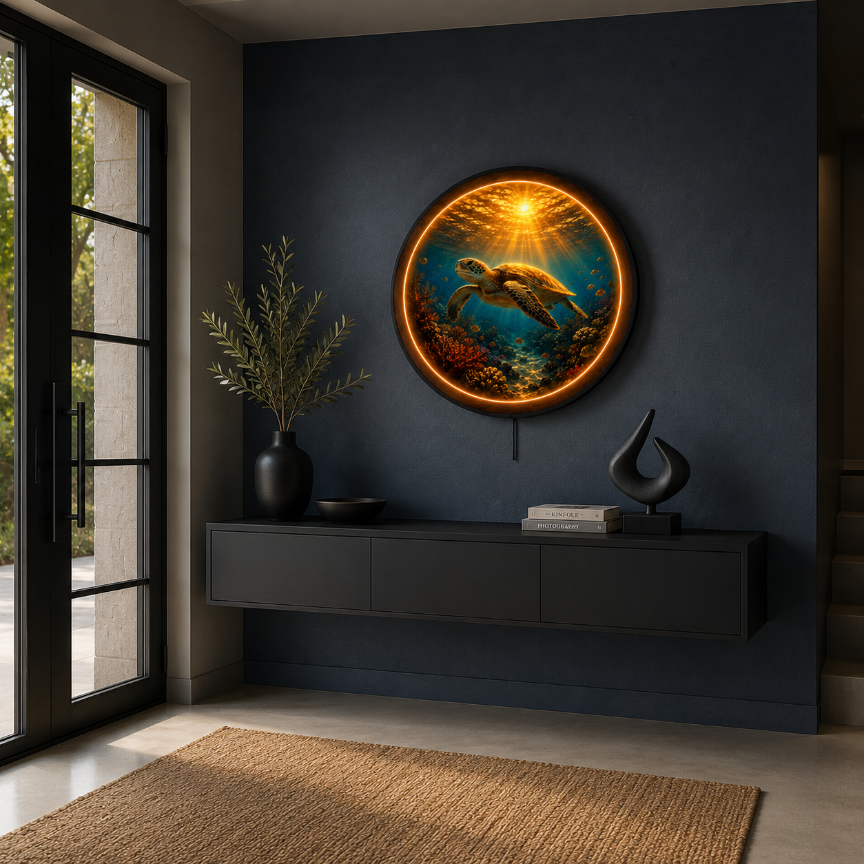 Ocean Sea Turtle LED Wall Art – Coastal Sunset Round Illuminated Decor