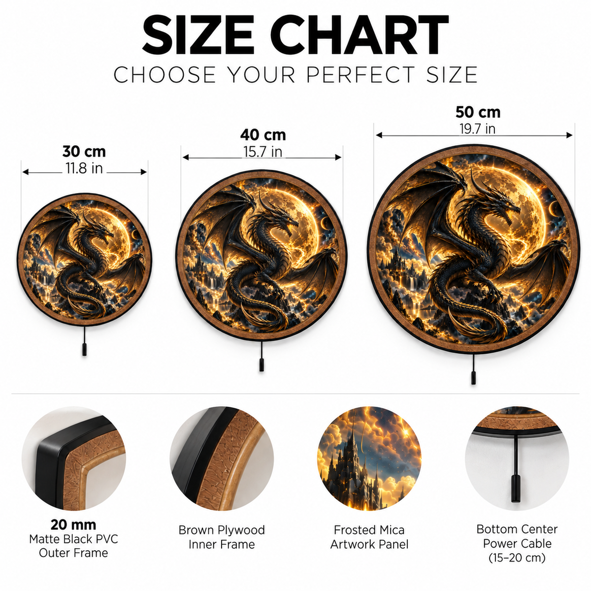 Black Dragon Eclipse – Golden Moon Fantasy LED Wall Art