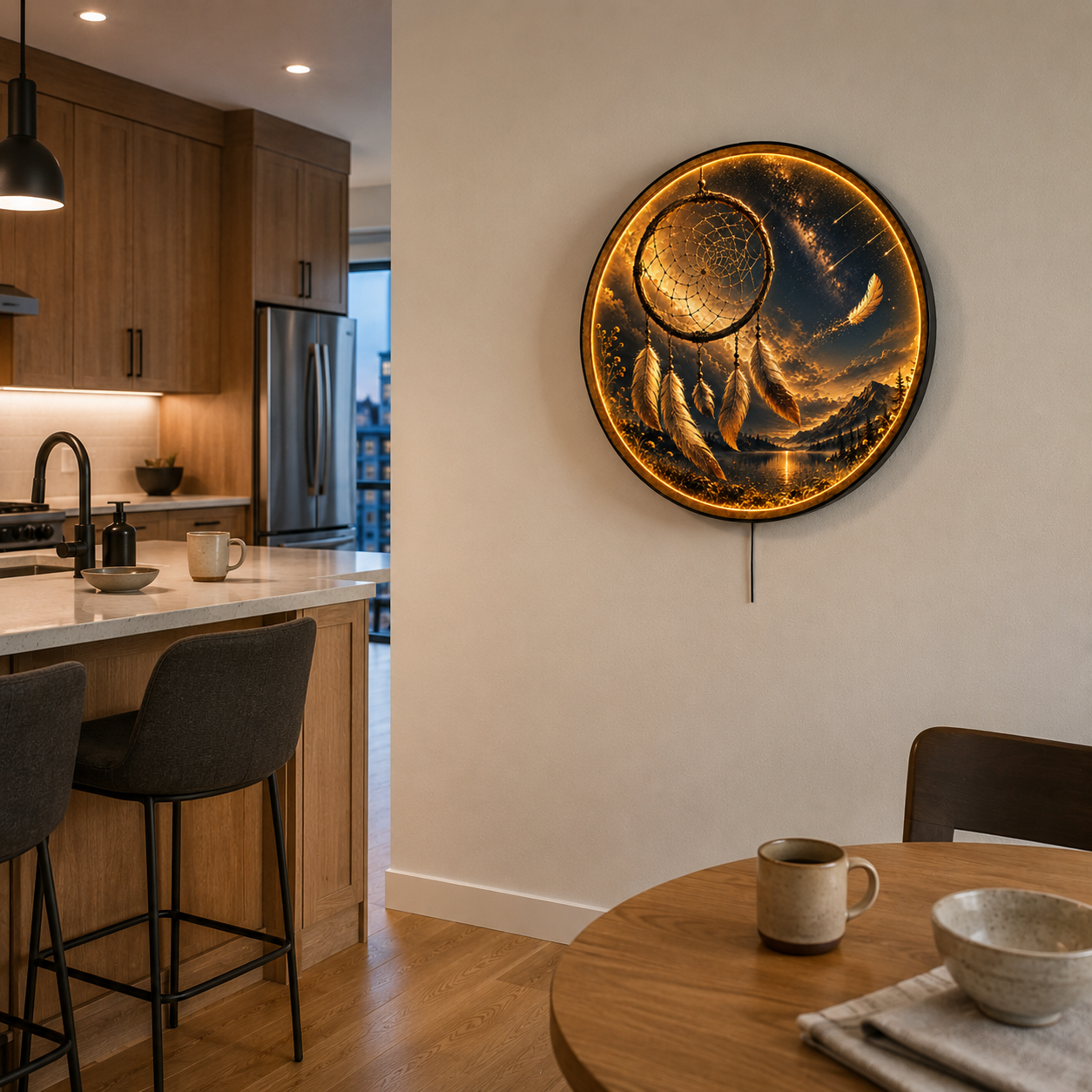 Golden Dreamcatcher LED Wall Art – Celestial Moon & Feather Decor