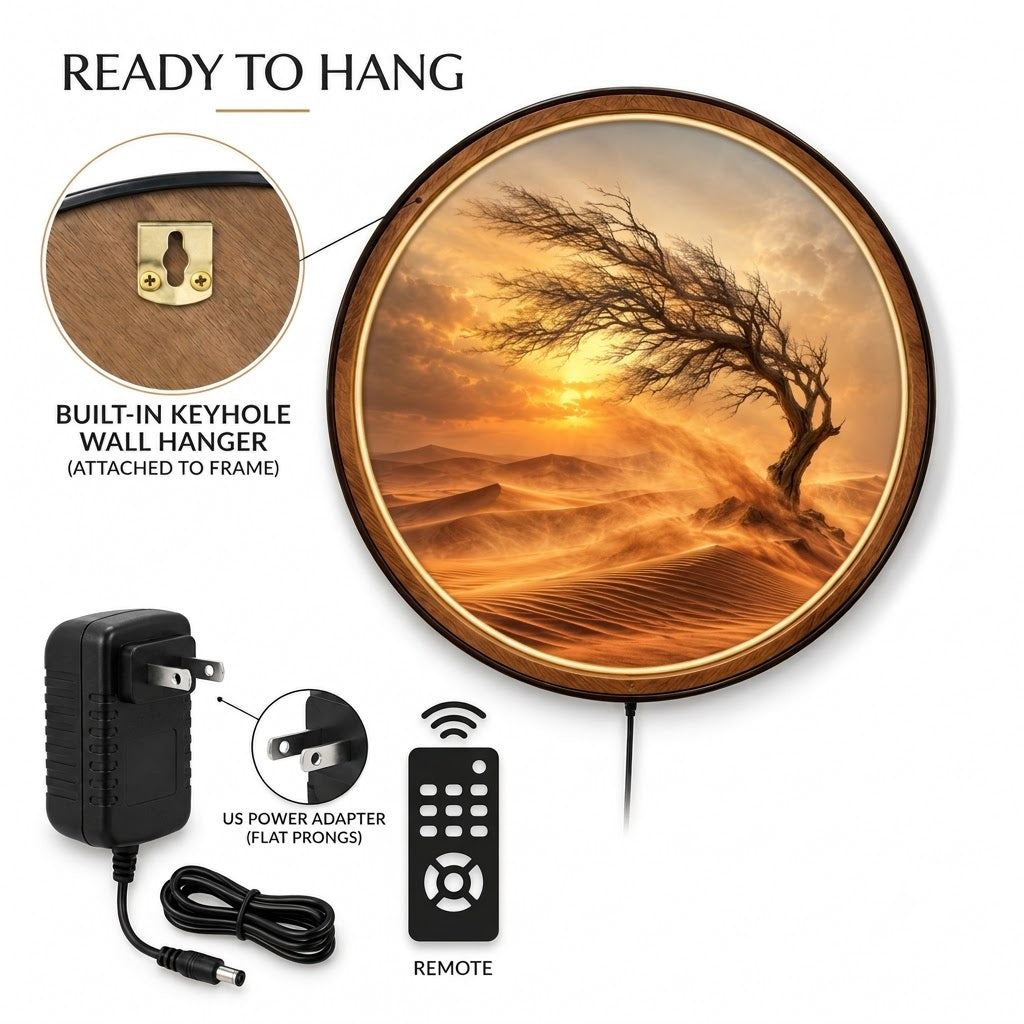 Handcrafted Desert Tree LED Wall Art – Golden Sunset & Windswept Tree, Rustic Nature Landscape