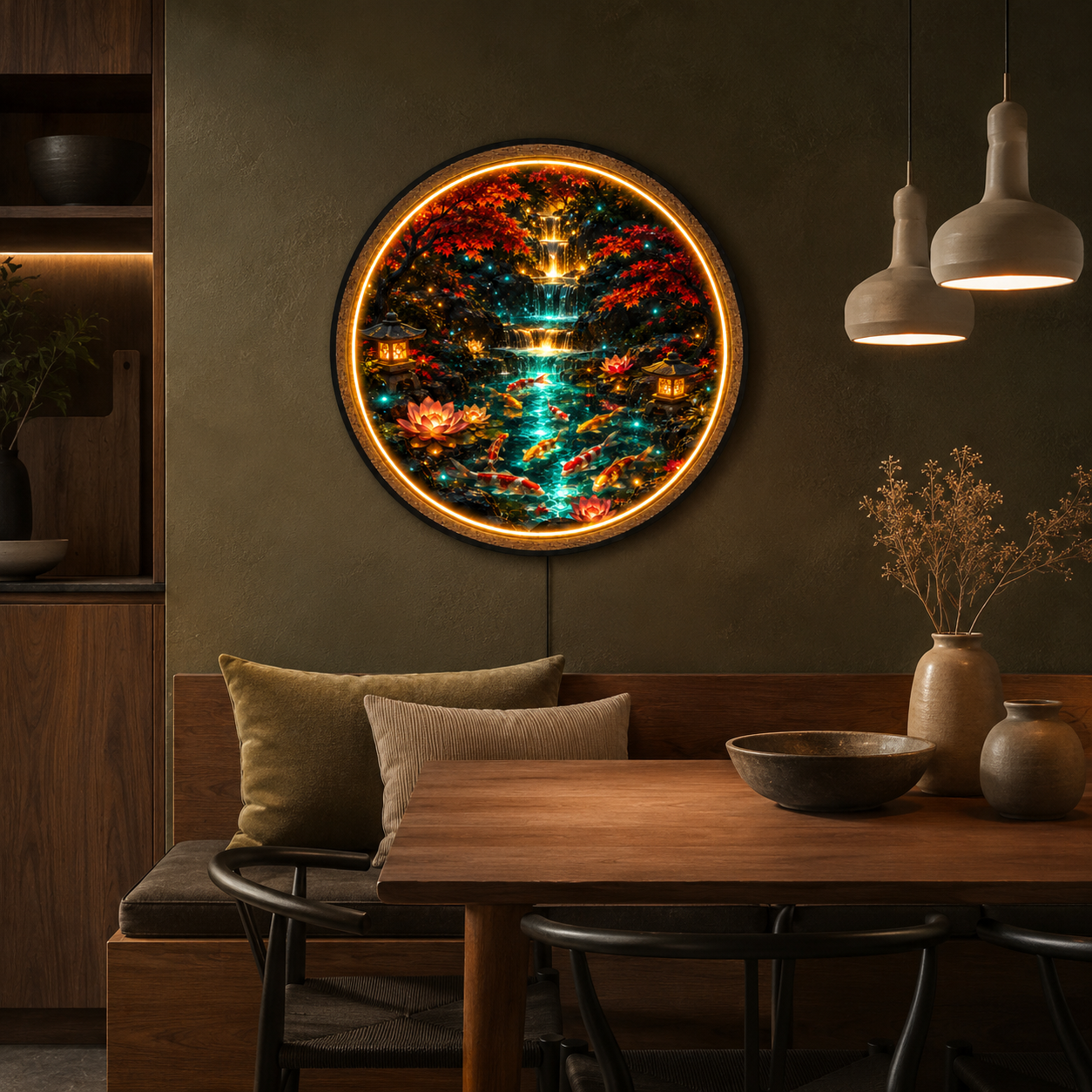Japanese Koi Waterfall LED Wall Art – Illuminated Zen Nature Decor