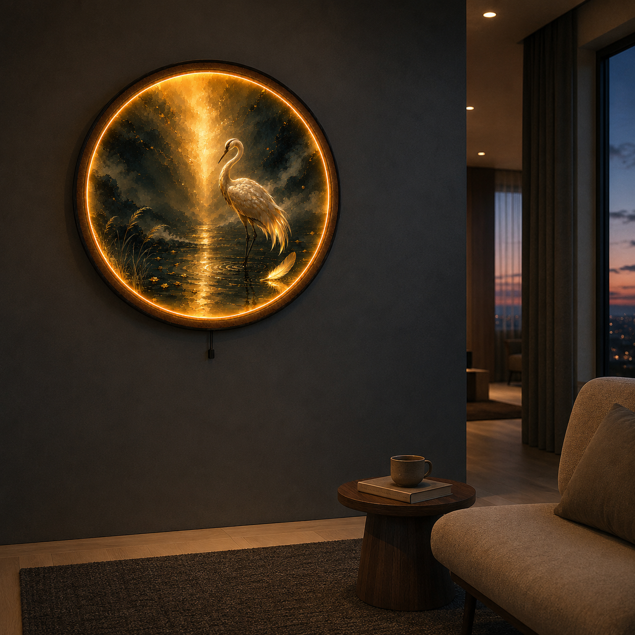 Golden Stillness Pearl Crane LED Wall Art – Luxury Round Decor