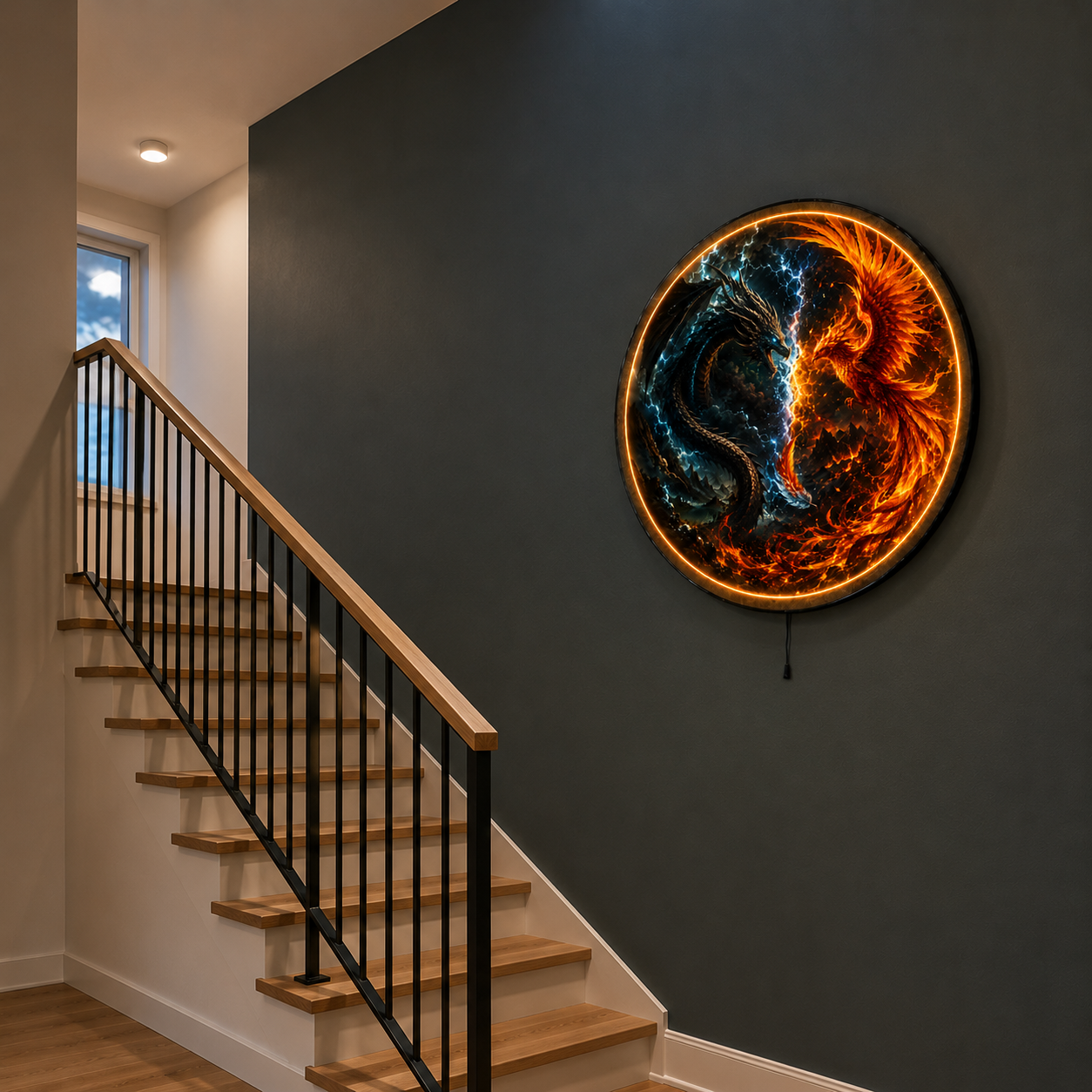 Stormfire Duel LED Wall Art – Dragon & Phoenix Fantasy Wall Decor