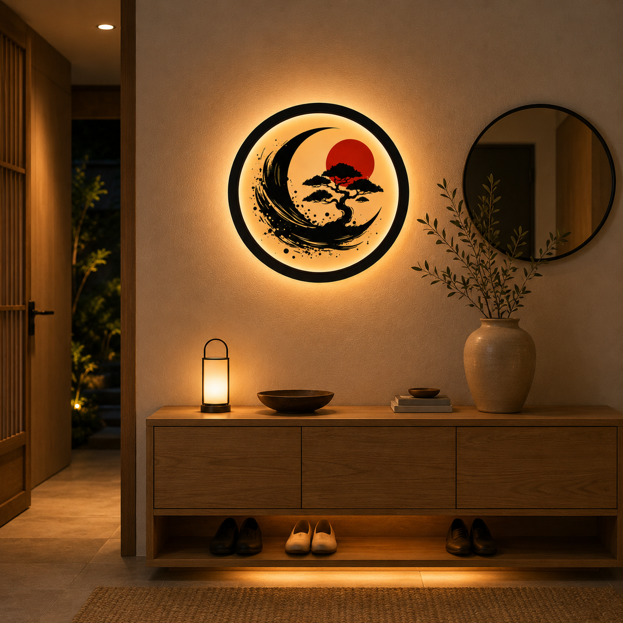 Wood Carved Japanese Bonsai Moon LED Wall Lamp | Zen Sumi-e Style Night Light