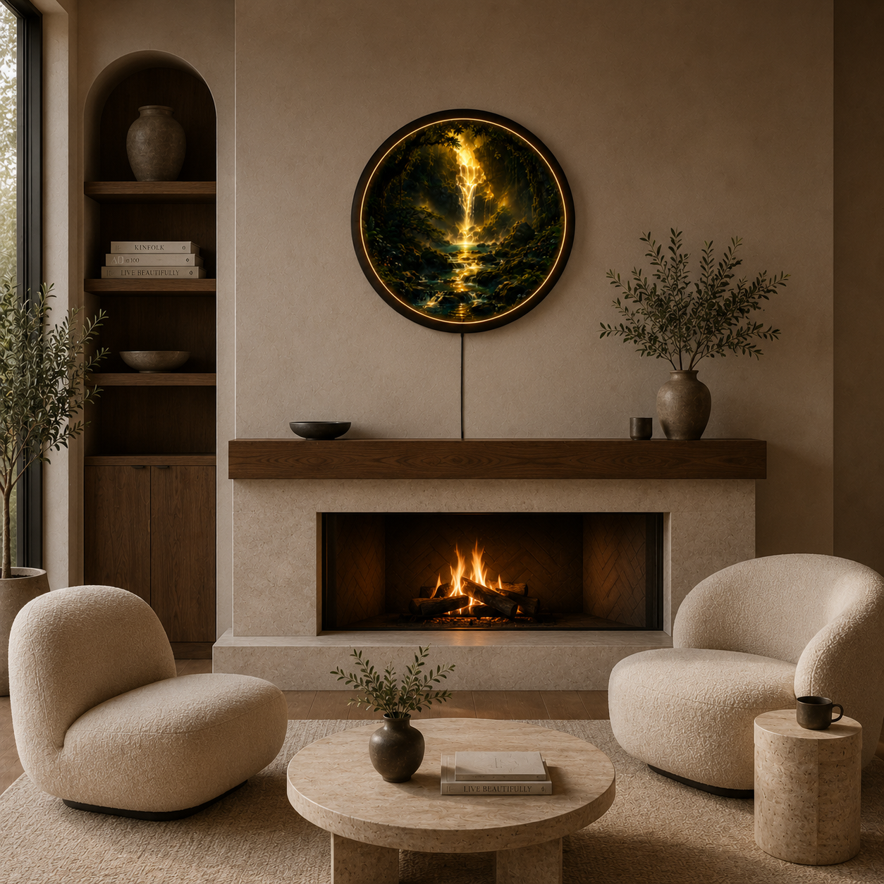 Golden Forest Waterfall LED Wall Art – Round Illuminated Wooden Wall Decor