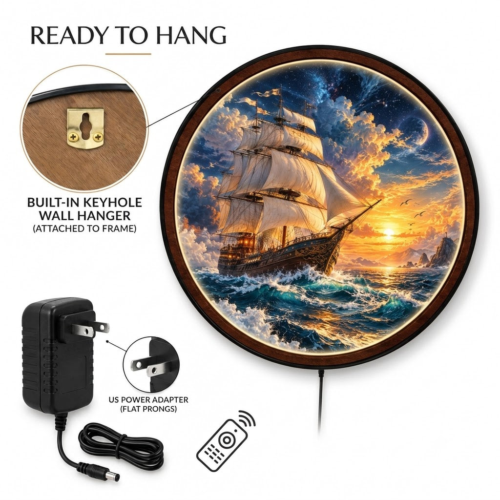 Majestic Sailing Ship, Ocean Sunset & Nautical – Handcrafted LED Wall Art