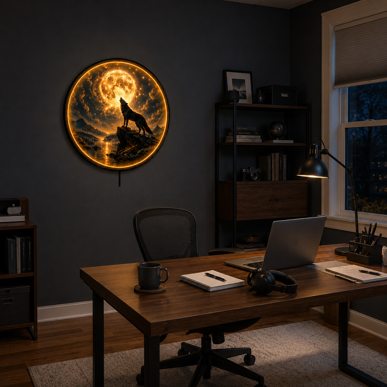 Mooncall Wolf LED Wall Art – Full Moon Mountain Nature Decor