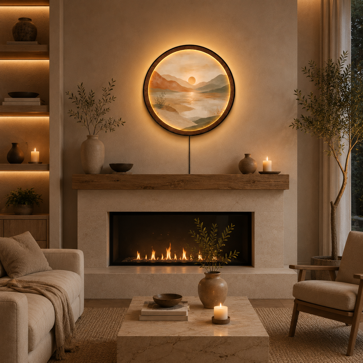 Desert Sunset Lake LED Wall Lamp | Boho Wood Art Decor