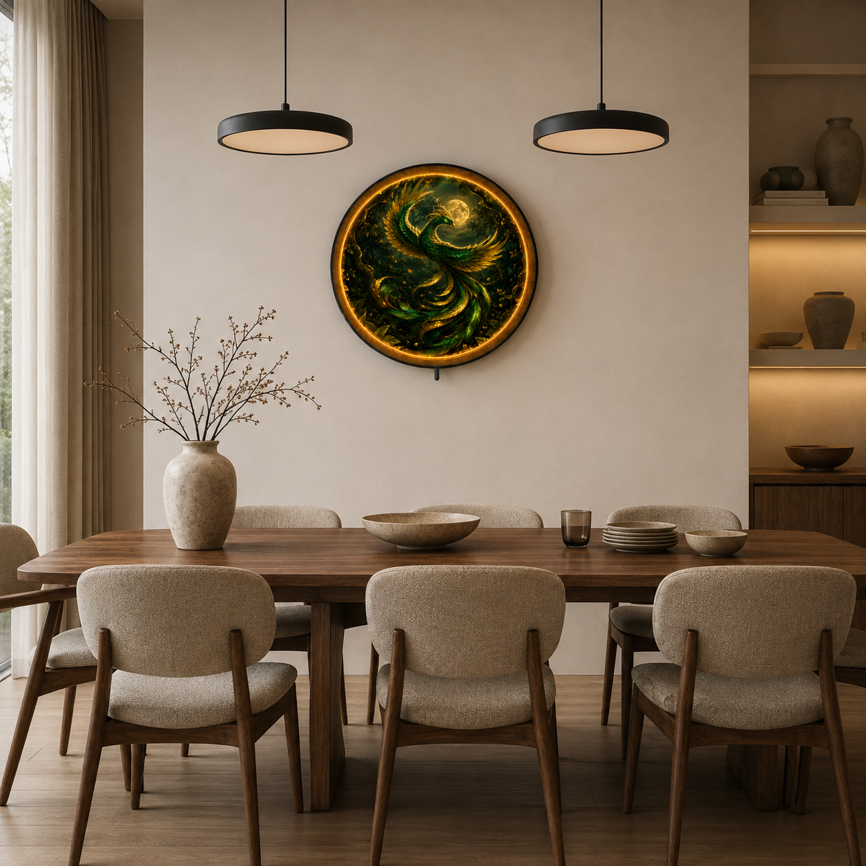Emerald Phoenix Moon LED Wall Art – Illuminated Fantasy Decor