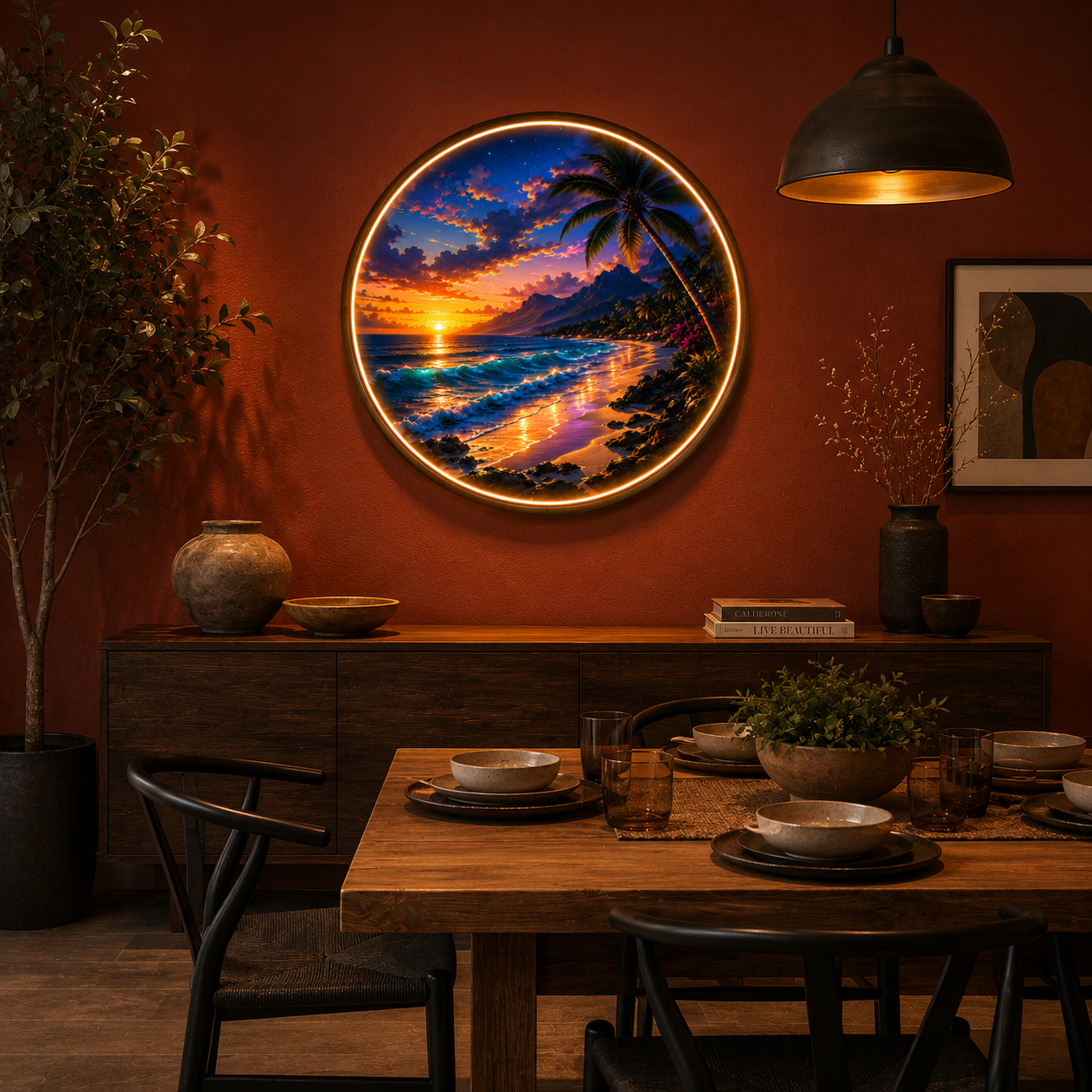 Tropical Sunset LED Wall Art | Circular Palm Tree Beach Sign, Ocean Wave Neon Decor
