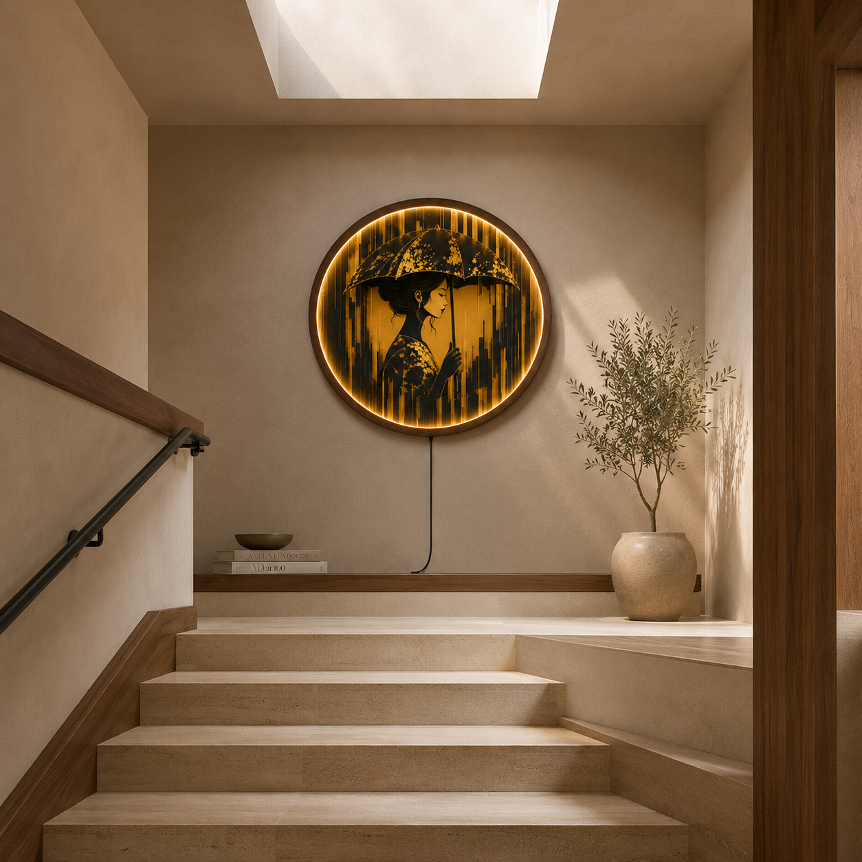 Golden Serenity LED Wall Art | Elegant Woman Under Umbrella Round Lighted Wall Decor | Warm LED Ambient Light