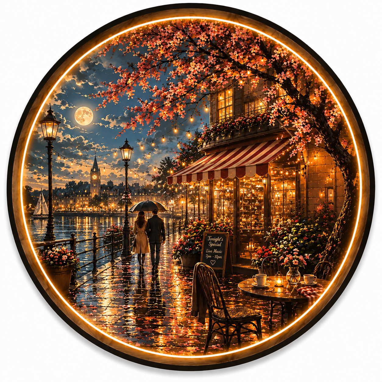Moonlit Café LED Wall Art – Romantic Waterfront Night Decor