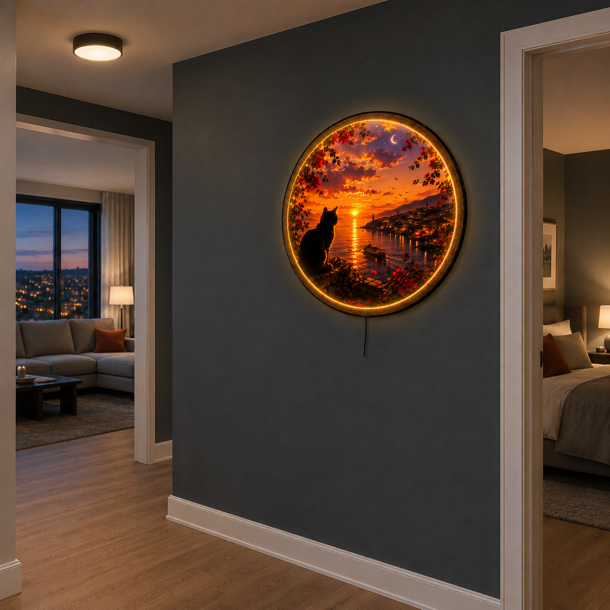 Sunset Watcher LED Wall Art – Black Cat Coastal Sunset Decor