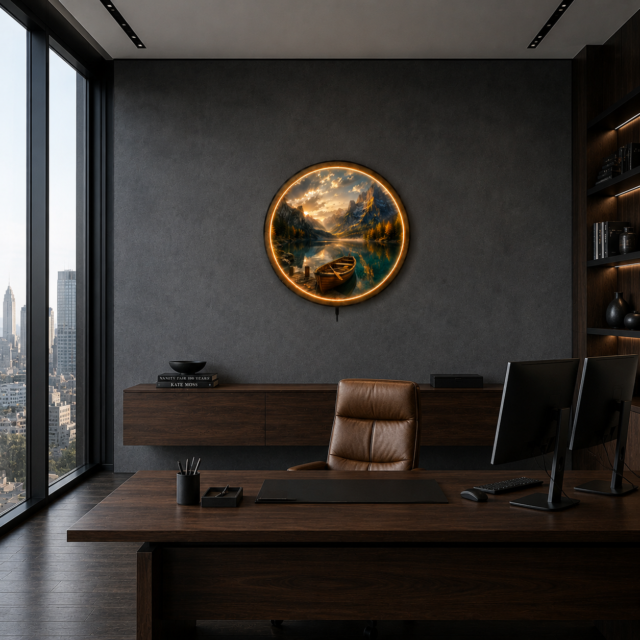 Alpine Serenity LED Wall Art – Illuminated Mountain Lake Boat Landscape Decor