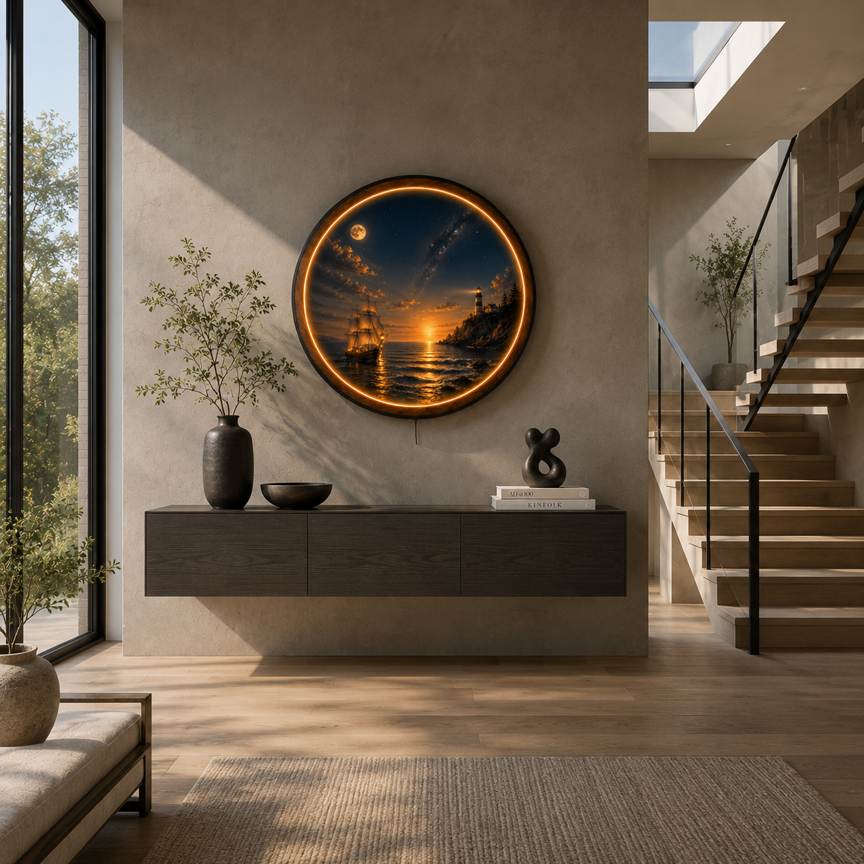 Celestial Lighthouse Voyage LED Wall Art – Nautical Wooden Light Decor