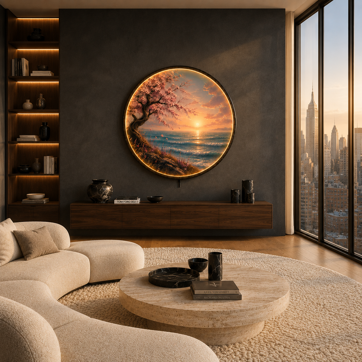 Cherry Blossom Coastal Sunset LED Wall Art – Round Illuminated Acrylic Decor